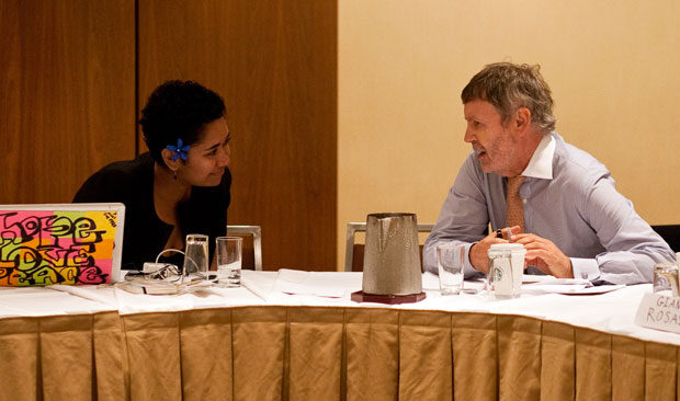 UNAOC Director Marc Scheuer speaks with Ms. Jacque Koroi at the ICMYO meeting in New York.